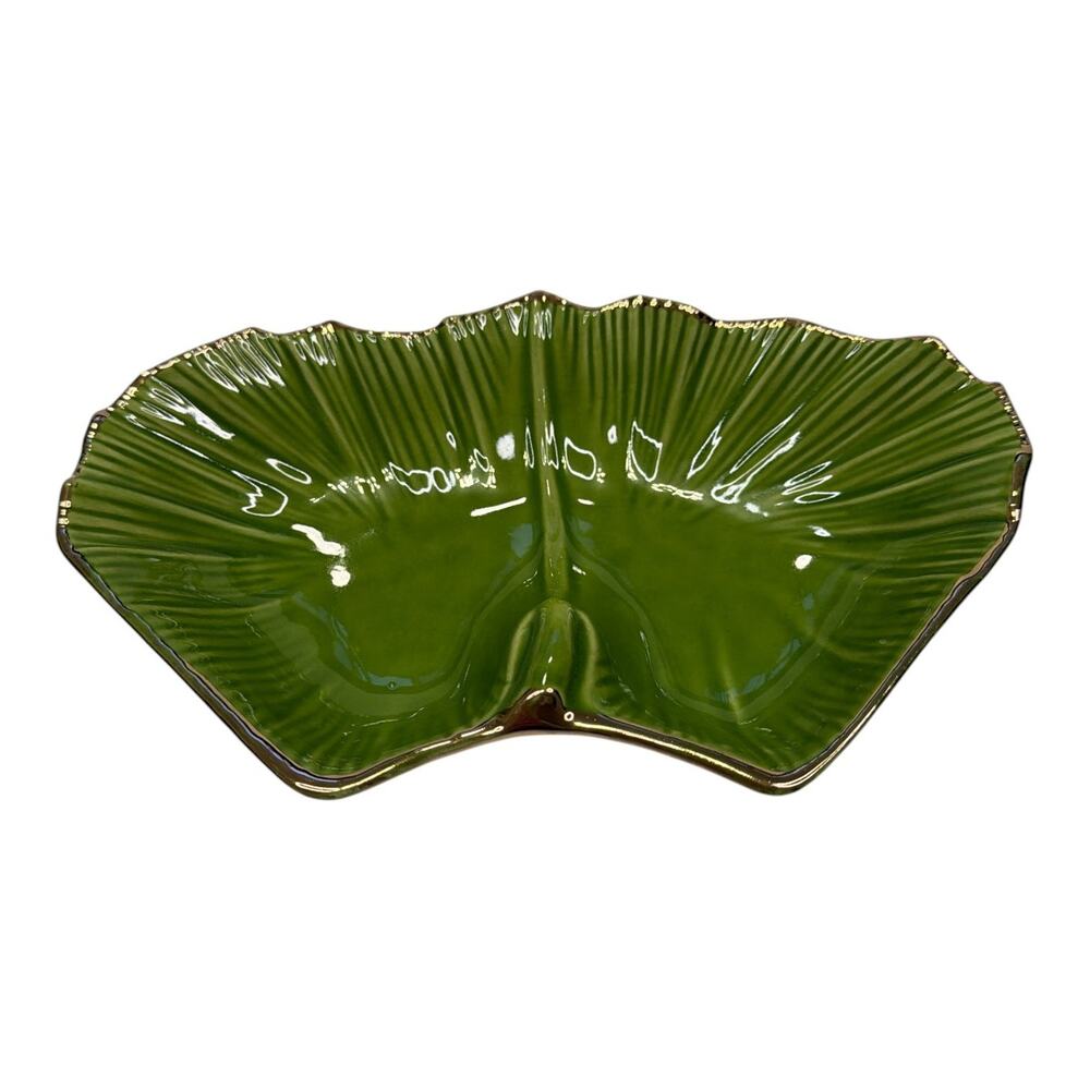 VTG California Pottery USA, Green Leaf Serving Dish, # G 20, Gold Rim Scalloped